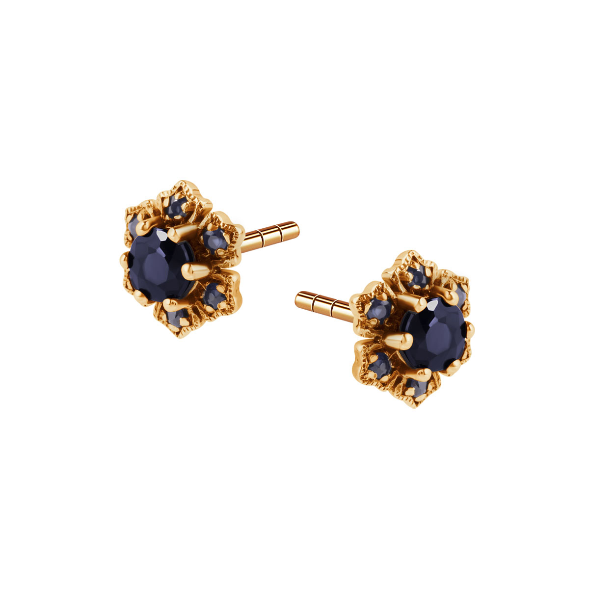 Gold earrings with sapphires - flowers - Victorian Collection
