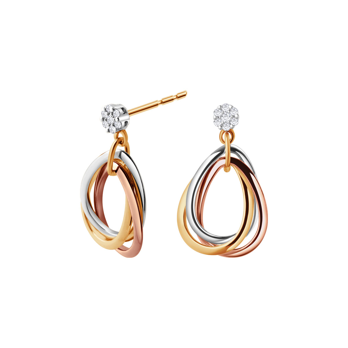 Three-tone gold earrings with diamonds