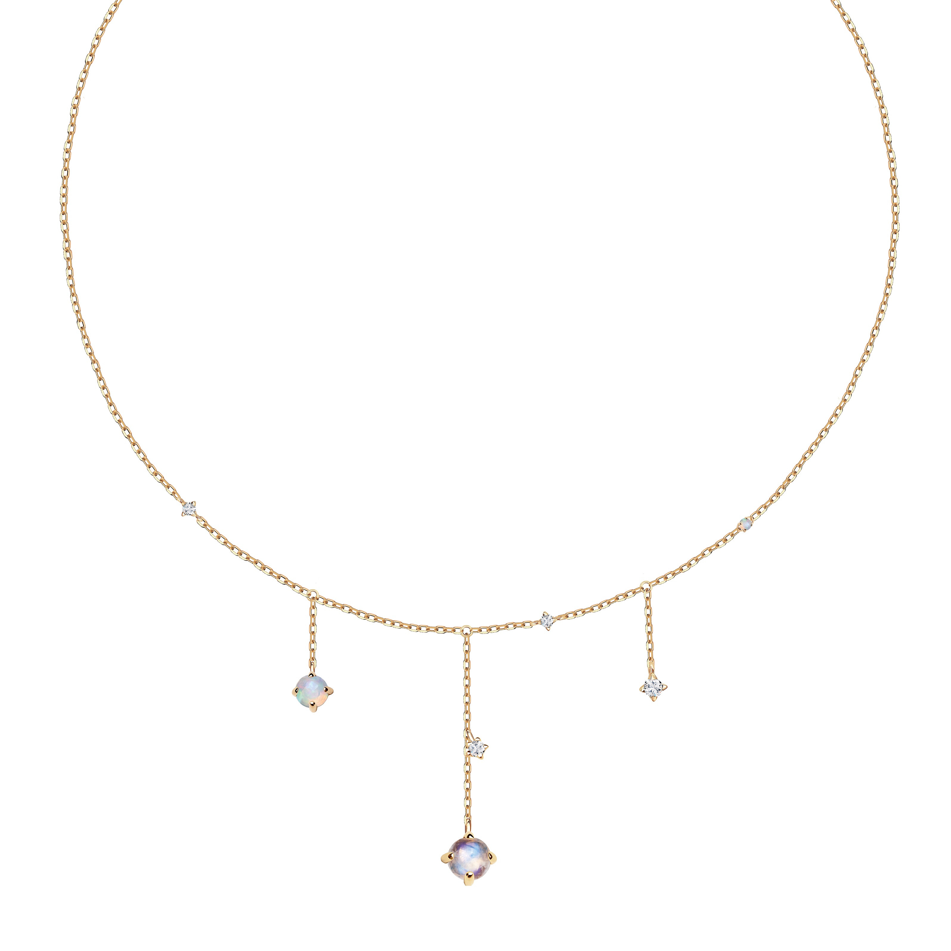 Gold necklace with diamonds, opals, topaz and moonstone - Cassiopeia