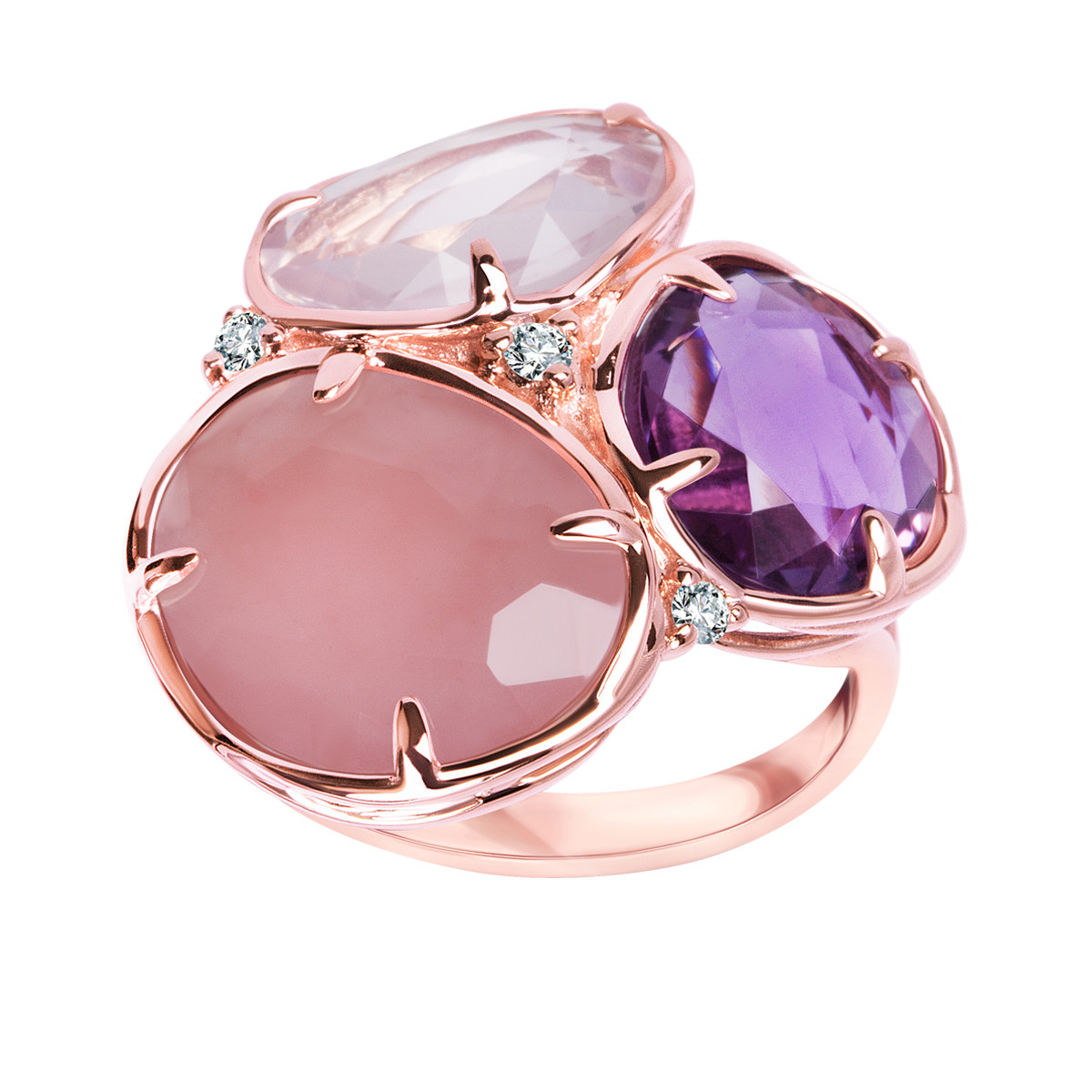 Rose gold ring with chalcedony, amethyst, quartz and diamonds