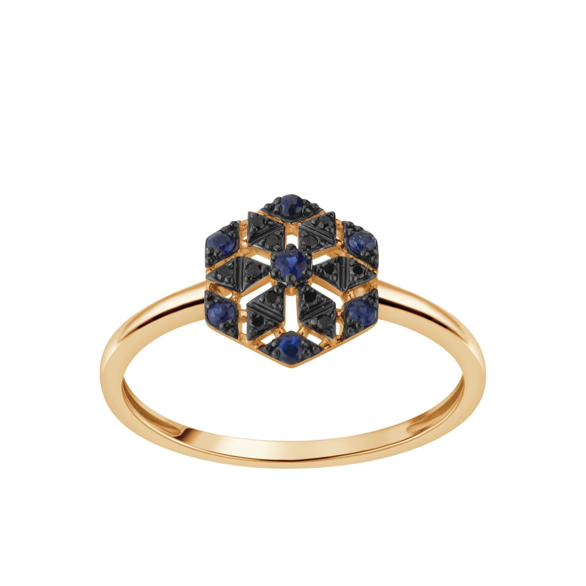 PIERŚCIONEK ZŁOTO DIAM.OŚM.CZARNE POPR. 0,03CT-12SZT SZAFIRY 0,12CT-7SZT