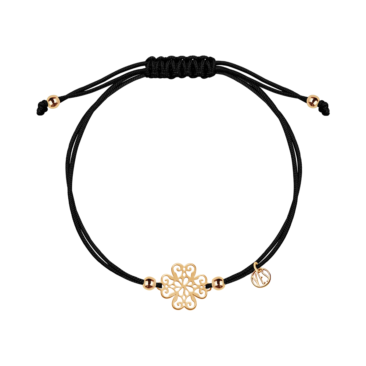 Bransoletka srebrna pozłacana na sznurku - koniczynka - Hippie