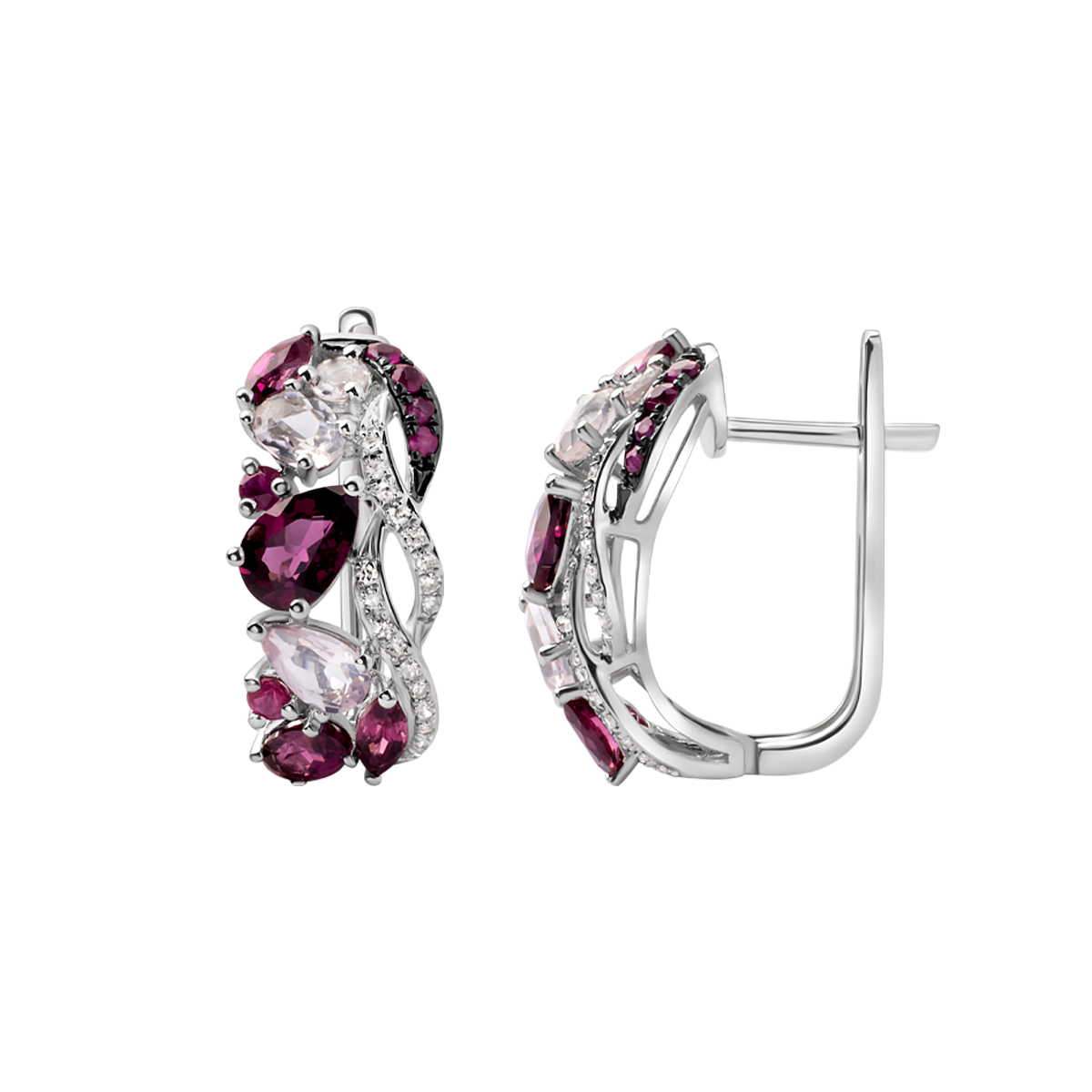 Kolczyki z białego złota z diamentami, kwarcami, rodolitami i rubinami