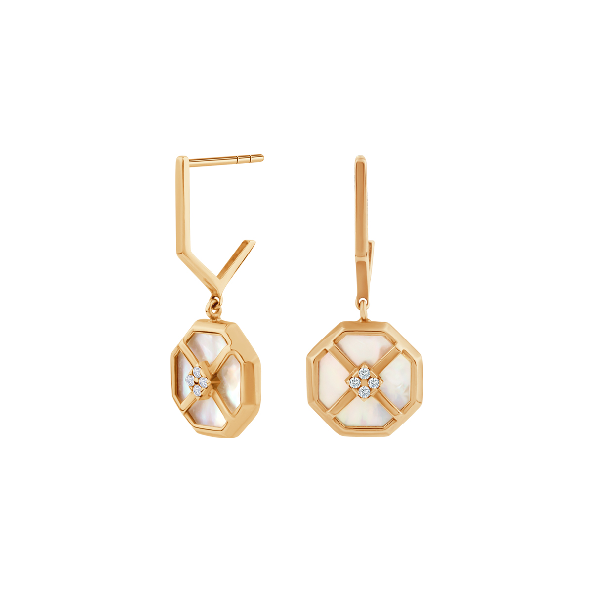 Kolczyki złote z masą perłową i cyrkoniami - Art Deco