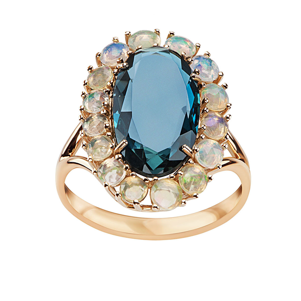 Pierścionek złoty z topazem i opalami