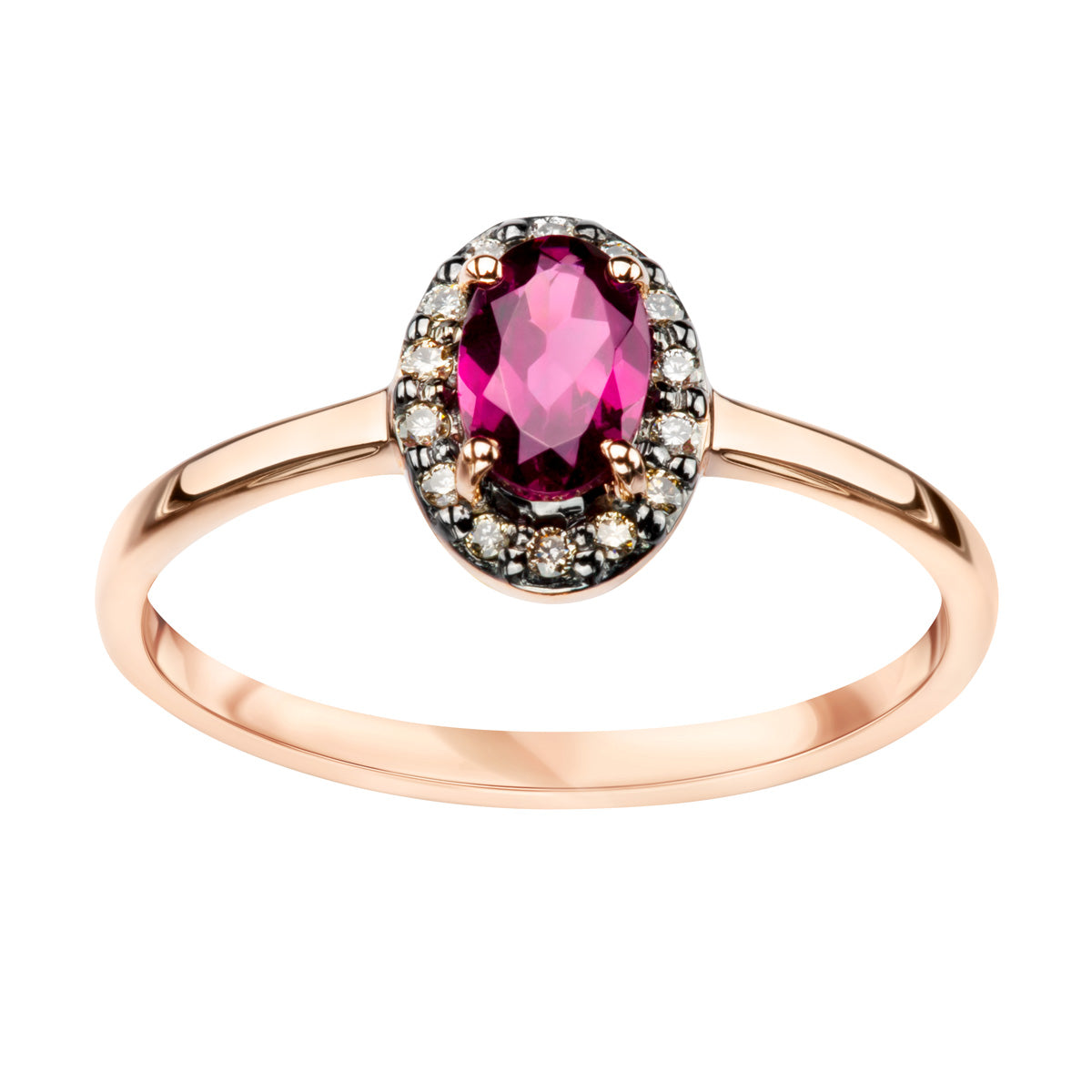 Pierścionek z różowego złota z diamentami i rodolitami